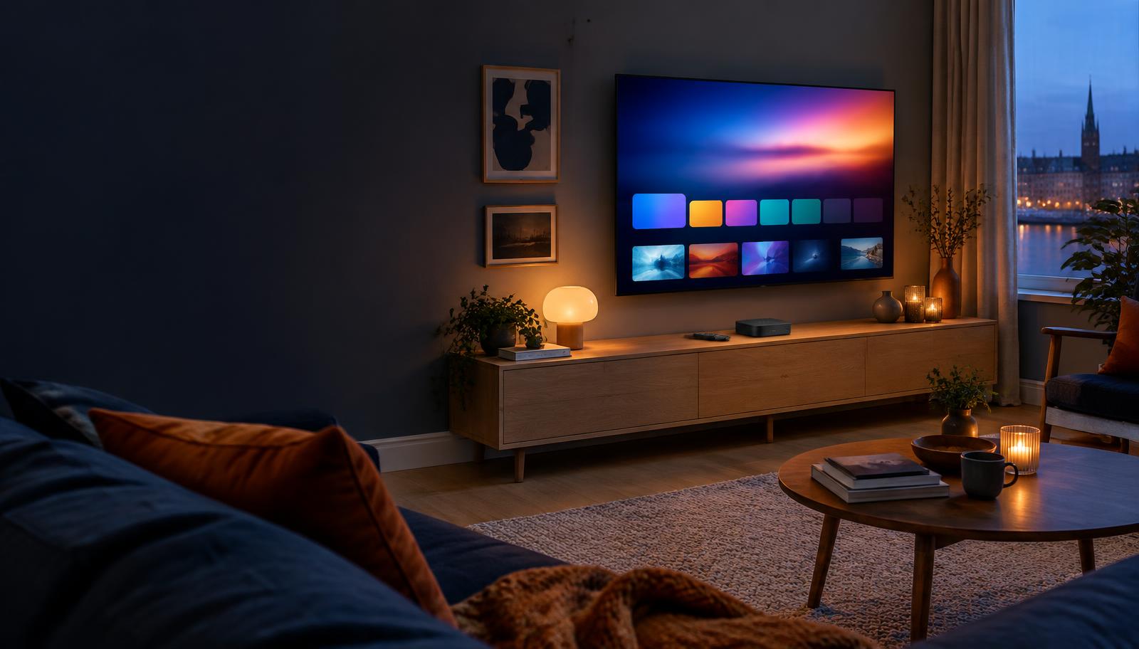 Vardagsrum med tv, streamingbox och fjärrkontroll