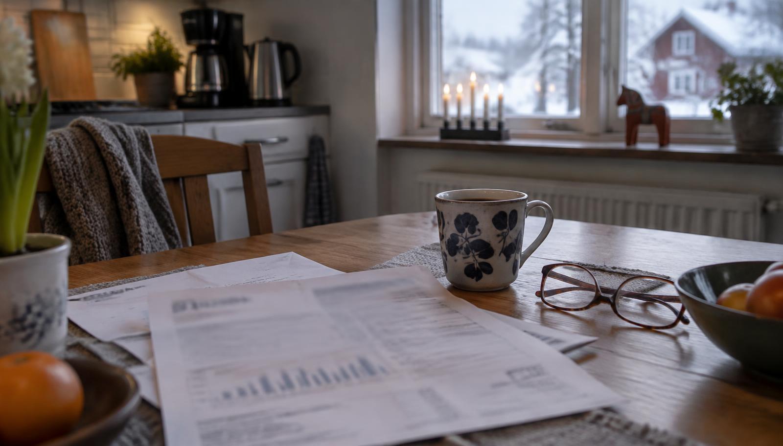 Köksbord i svensk villa med elräkning, kaffekopp och läsglasögon en vinterdag