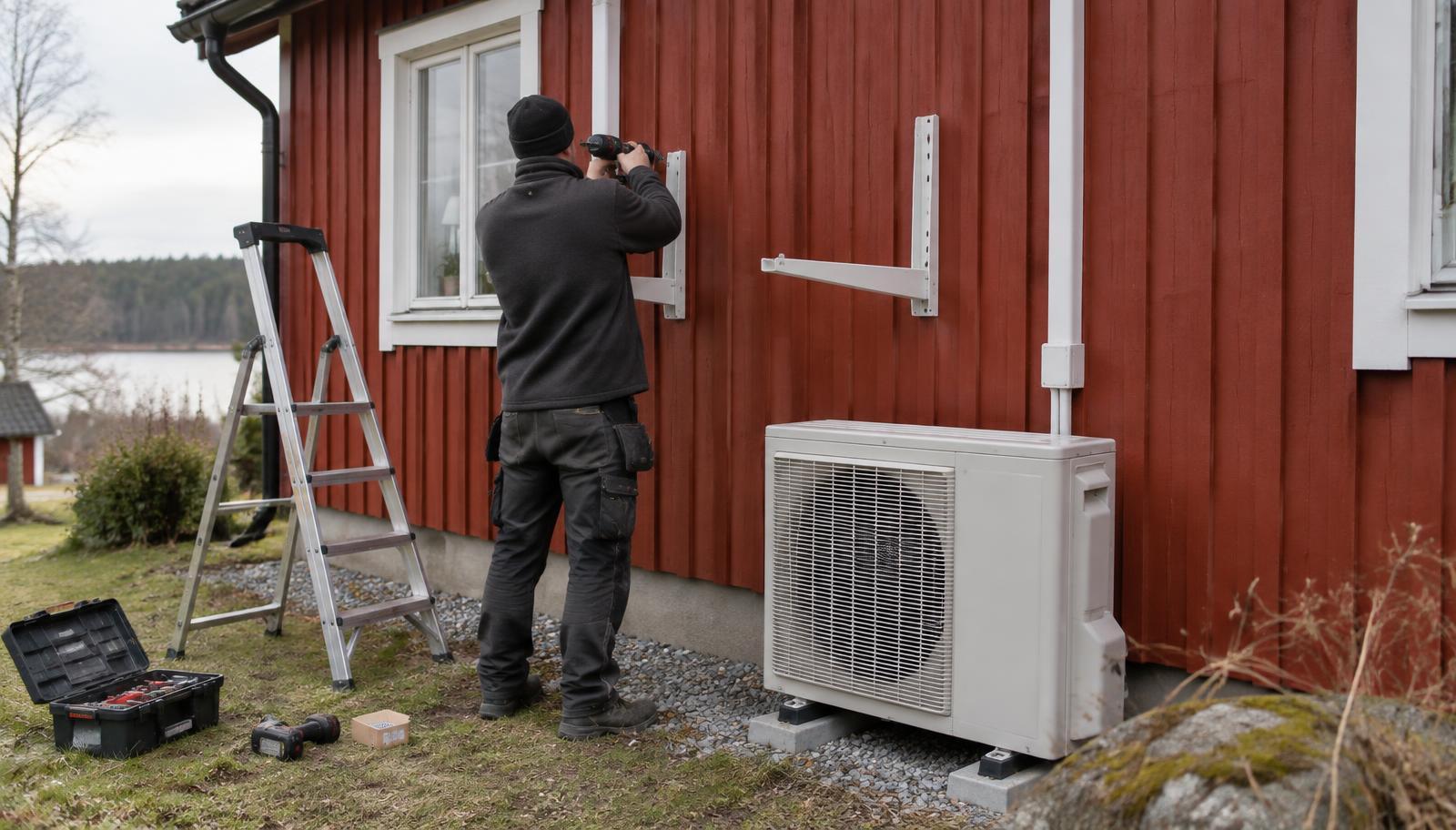 Montör som borrar fäste för utedel på ett rött trähus