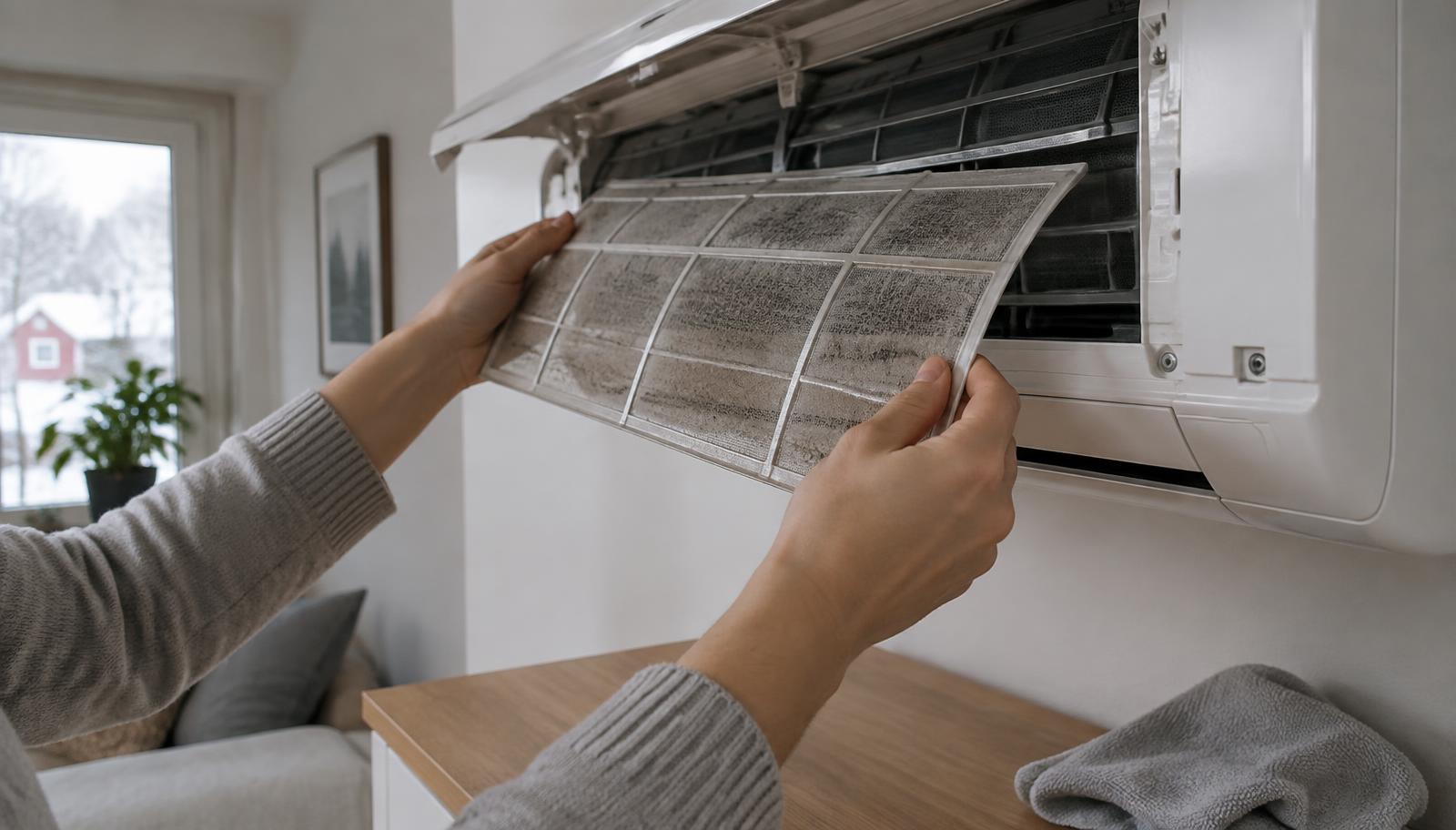 Händer som lyfter ut dammfiltret ur en innedel