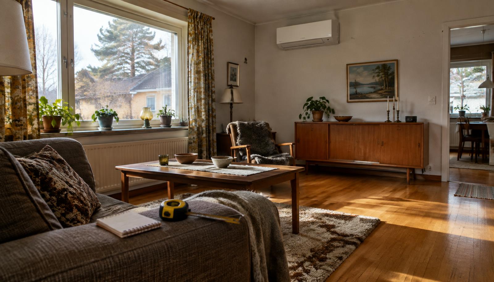 Vardagsrum i svensk villa med måttband och anteckningsblock framför en väggmonterad värmepump